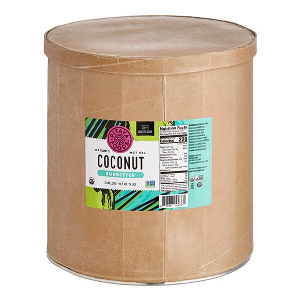 A round brown cardboard container of Pitaya Foods Organic Coconut Sorbet with a label.