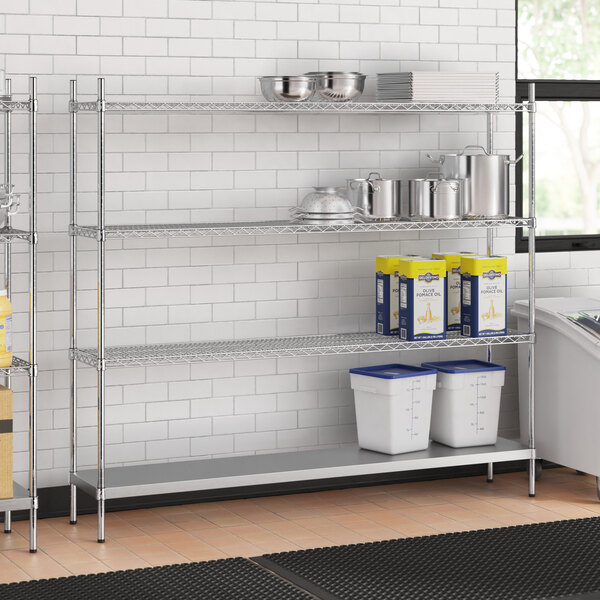 A stainless steel wire shelf kit with solid stainless steel shelves and poles.