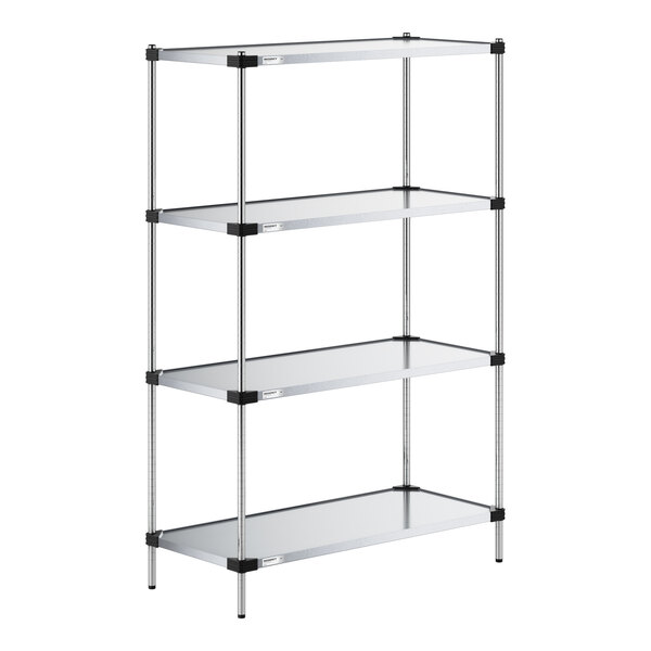 A four-tier shelving unit with solid metal shelves and vertical support posts.