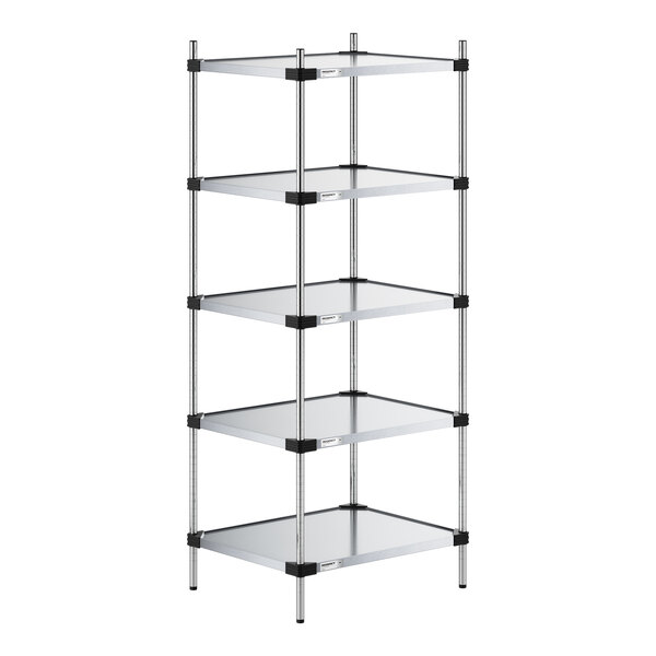 A five-tier shelving unit with solid metal shelves and four vertical posts, featuring a minimalist and industrial design.