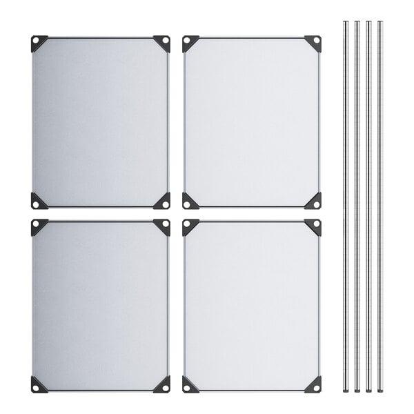 A group of rectangular white metal shelves with black posts.