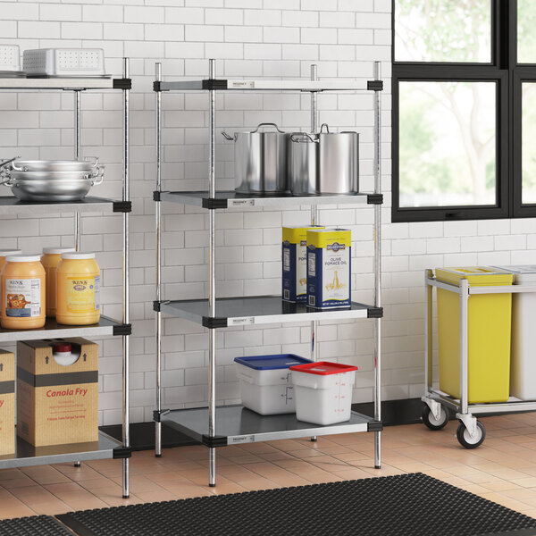 Regency shelving with food containers on a shelf.