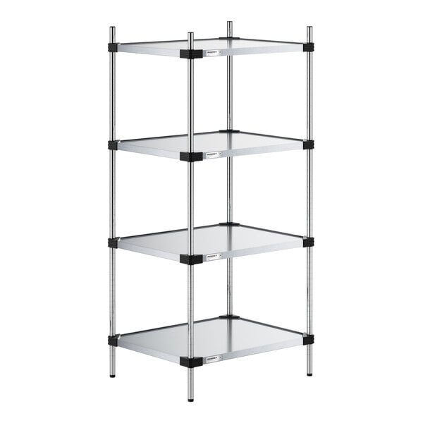 A four-tier shelving unit with solid metal shelves and vertical metal posts.