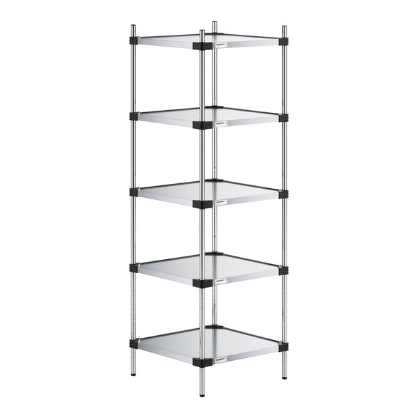 A five-tier shelving unit with solid square shelves and metal posts, featuring a minimalist and industrial design.