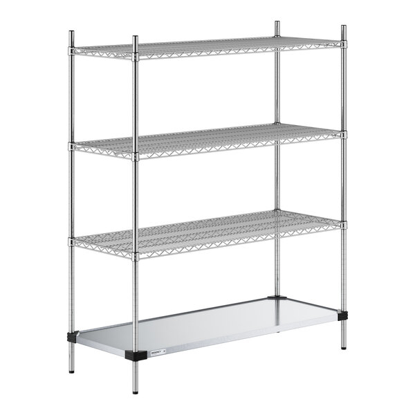 A four-tier metal shelving unit with three wire shelves and one solid bottom shelf, supported by four vertical posts.