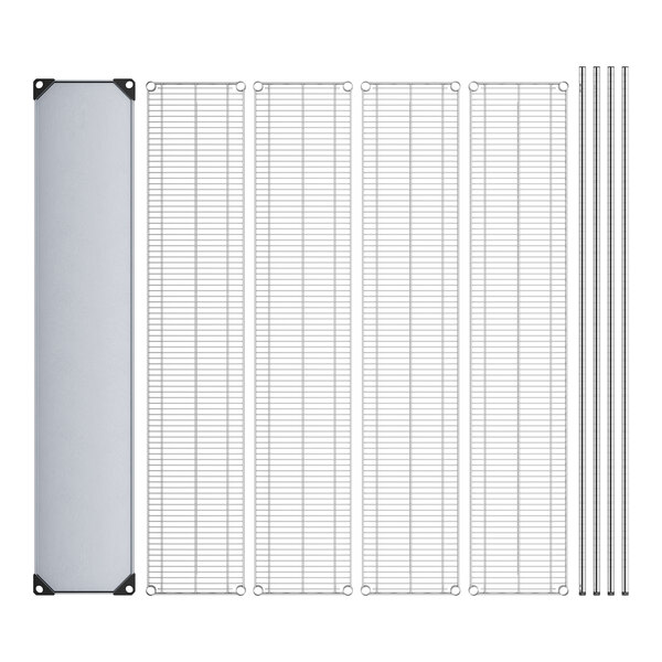 A metal grid with a solid metal bottom shelf and metal bars.