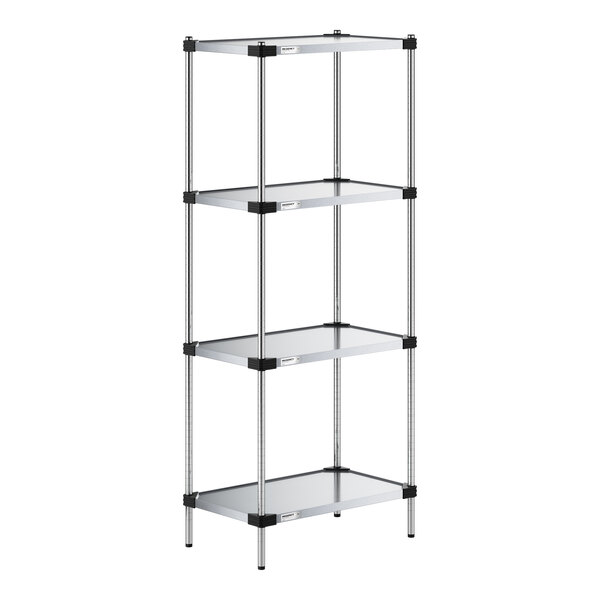 A four-tier shelving unit with solid metal shelves and vertical metal posts.