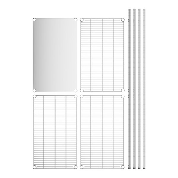 A white metal grid with stainless steel rods.