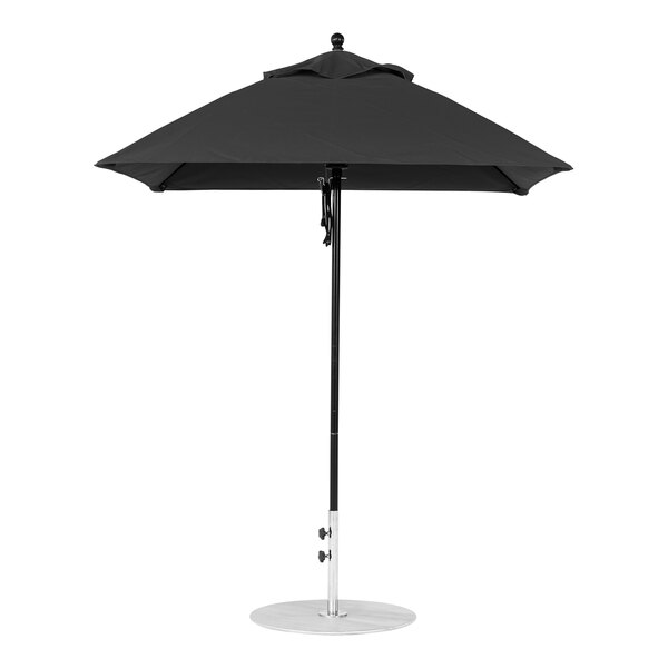 A BFM Seating black umbrella with a black metal pole over a white background.