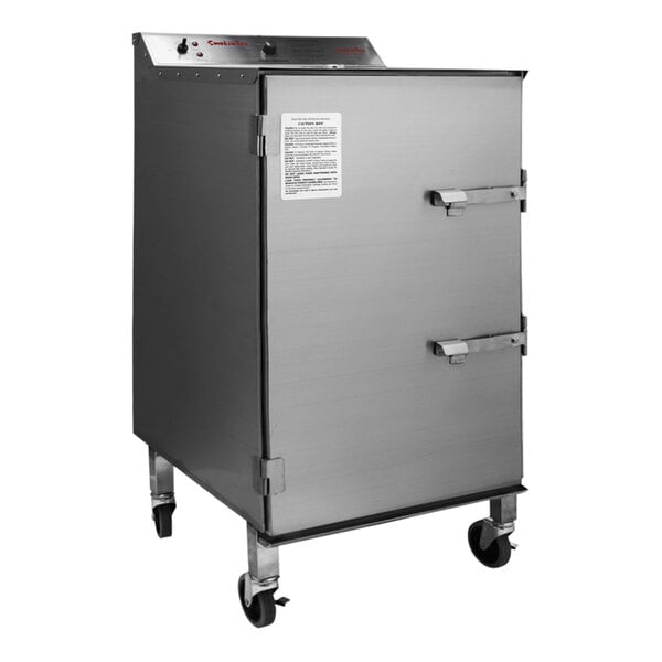 A large stainless steel metal box with wheels.
