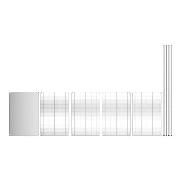 A white rectangular stainless steel shelf kit with 5 shelves and a white grid bottom.