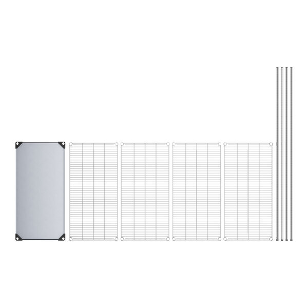 A white rectangular wire shelf kit with metal corners and a solid metal bottom shelf.