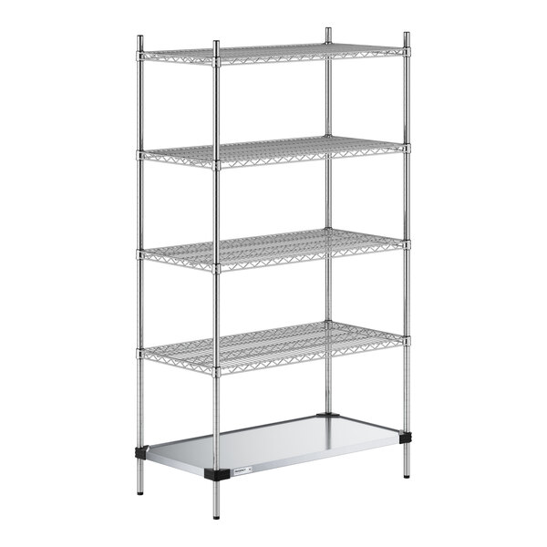 A five-tier metal shelving unit with four wire shelves and one solid bottom shelf, supported by four vertical posts.