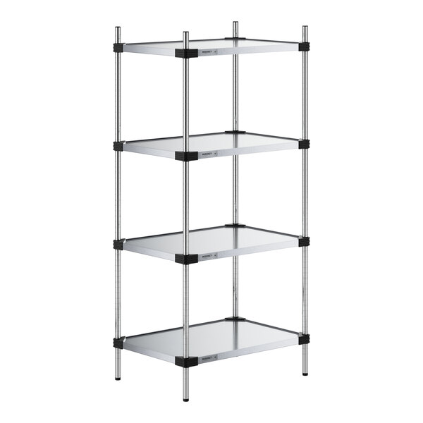 A galvanized metal Regency wire shelving unit with four shelves.