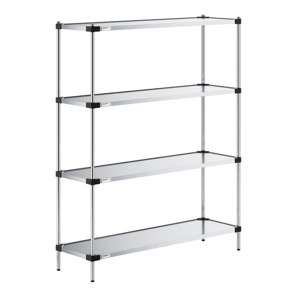 A four-tier shelving unit with solid metal shelves and vertical support posts.