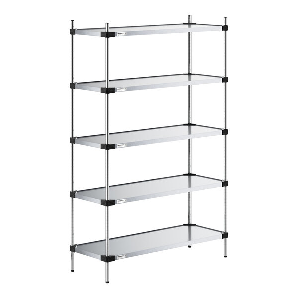 A five-tier shelving unit with solid metal shelves and four vertical support posts.