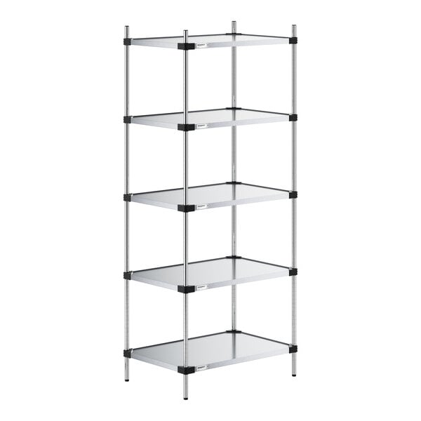 A five-tier metal shelving unit with solid shelves and four vertical posts.
