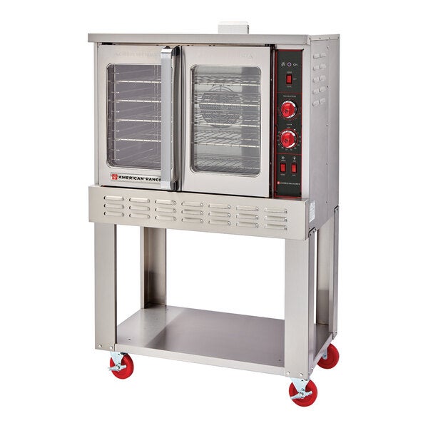 A commercial single deck natural gas convection oven with a stainless steel exterior, glass doors, control panel, and red caster wheels.