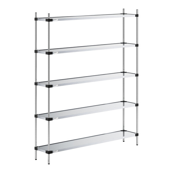 A five-tier metal shelving unit with solid shelves and four vertical posts.