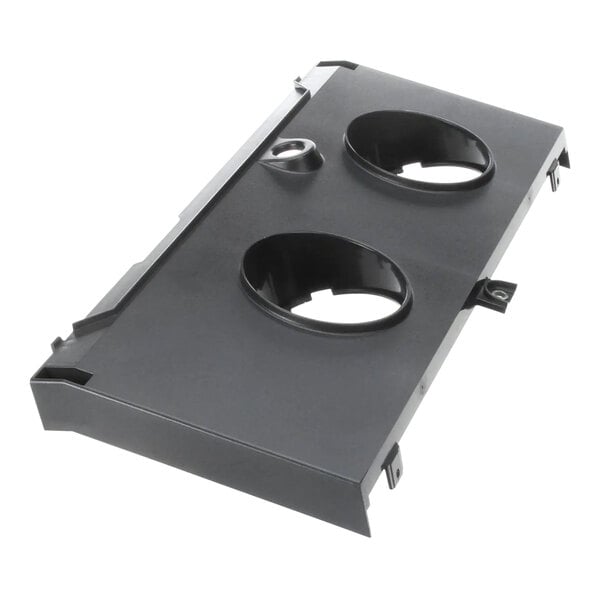 A black plastic Scotsman dispenser chute holder with two holes.