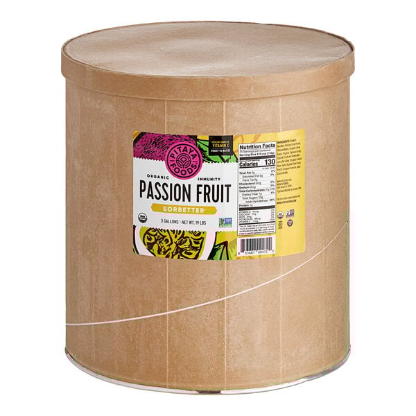 A round cardboard container of Pitaya Foods Organic Passion Fruit Sorbet with a lid and label.
