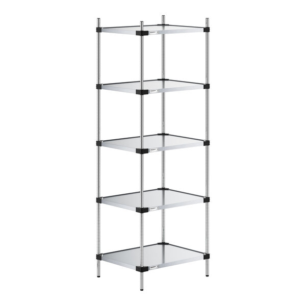 A five-tier shelving unit with solid metal shelves and four vertical support posts.
