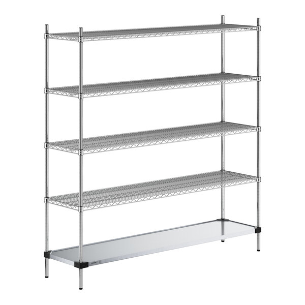A Regency chrome wire shelving unit with four shelves and a solid metal bottom shelf.