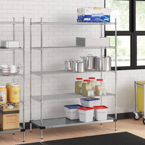 Regency chrome wire shelving in a kitchen with white and red plastic containers.