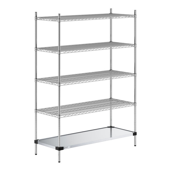 A five-tier chrome wire shelving unit with four wire shelves and one solid metal shelf at the bottom, supported by four vertical posts.