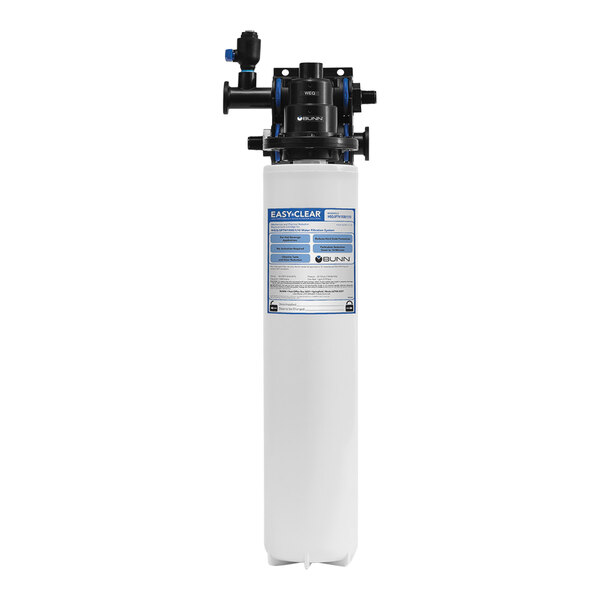 A white Bunn water filter container with blue and black text.