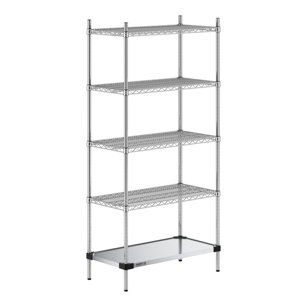 A Regency chrome wire shelving unit with four shelves and solid metal bottom shelf.
