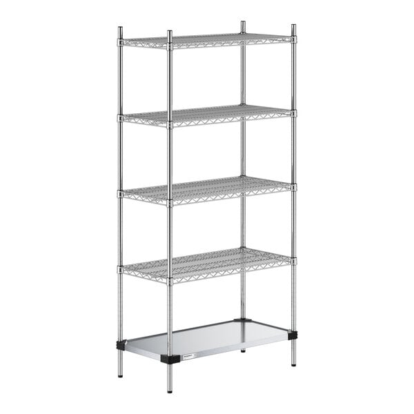 Regency 18" x 36" NSF Chrome Wire 5-Shelf Kit with Solid Galvanized Steel Bottom Shelf and 74" Posts