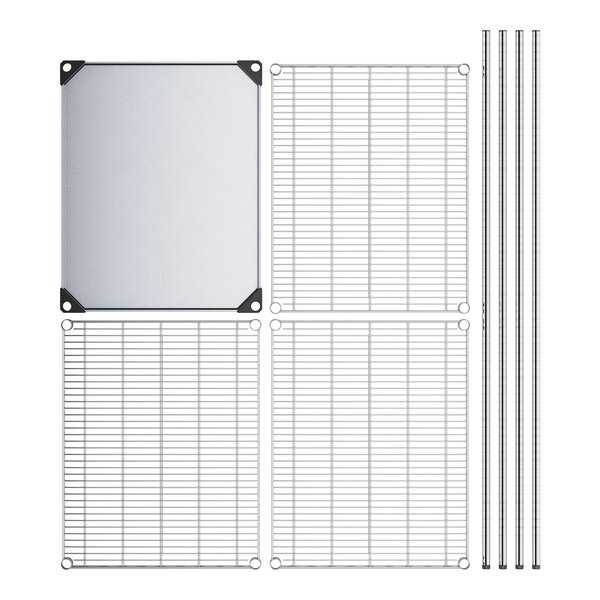 A white metal wire shelving unit with four shelves and metal corners.