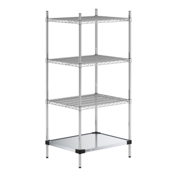 A four-tier chrome wire shelving unit with three wire shelves and one solid metal shelf at the bottom, supported by four vertical posts.