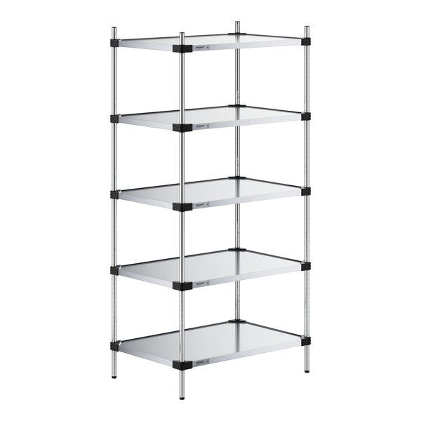 A five-tier solid galvanized steel shelving unit with four vertical posts.