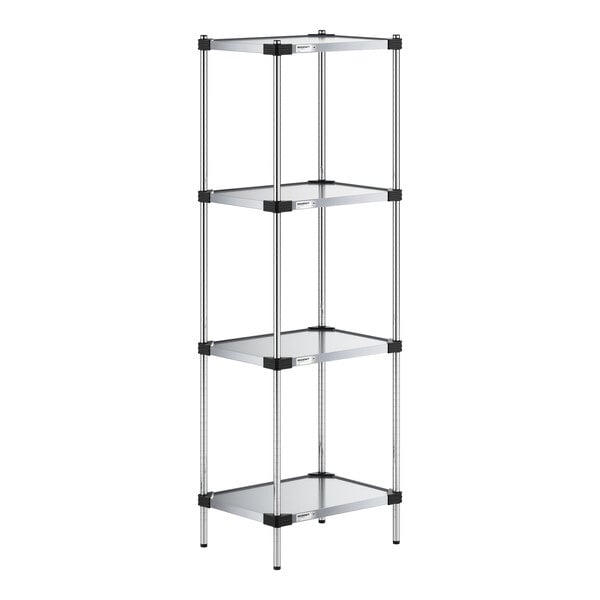 A four-tier metal shelving unit with solid rectangular shelves and vertical support posts.