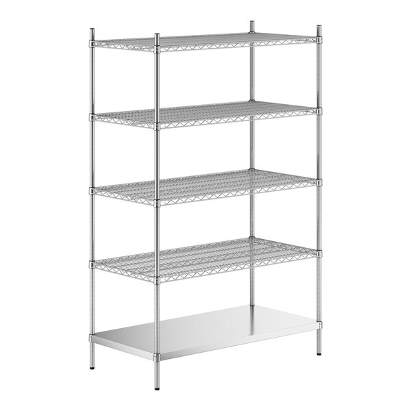 A stainless steel wire shelf kit with 5 shelves and solid stainless steel bottom.