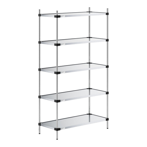 A five-tier shelving unit with solid metal shelves and four vertical support posts.