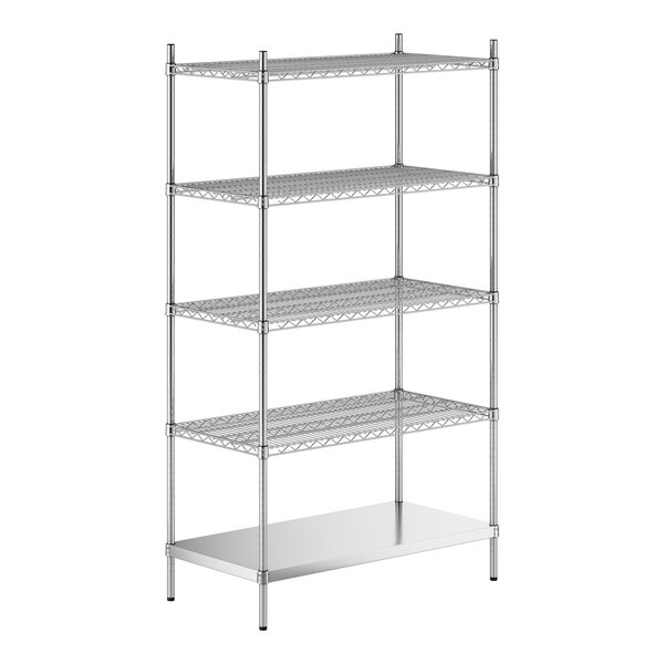 A stainless steel wire shelving unit with 5 shelves and solid stainless steel bottom.