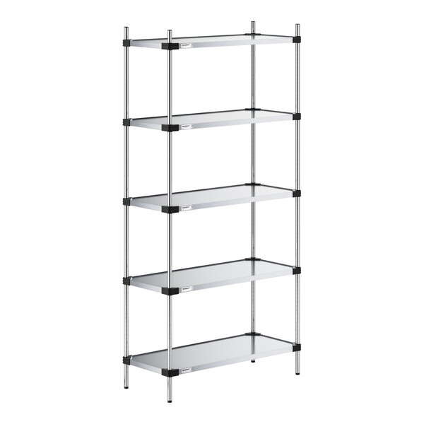 A five-tier shelving unit with solid metal shelves and four vertical support posts.