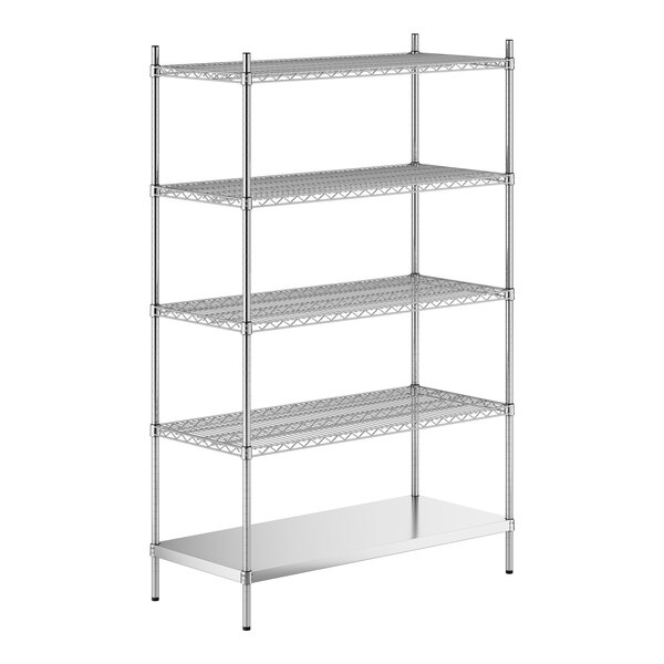 A stainless steel wire shelving unit with solid stainless steel shelves.