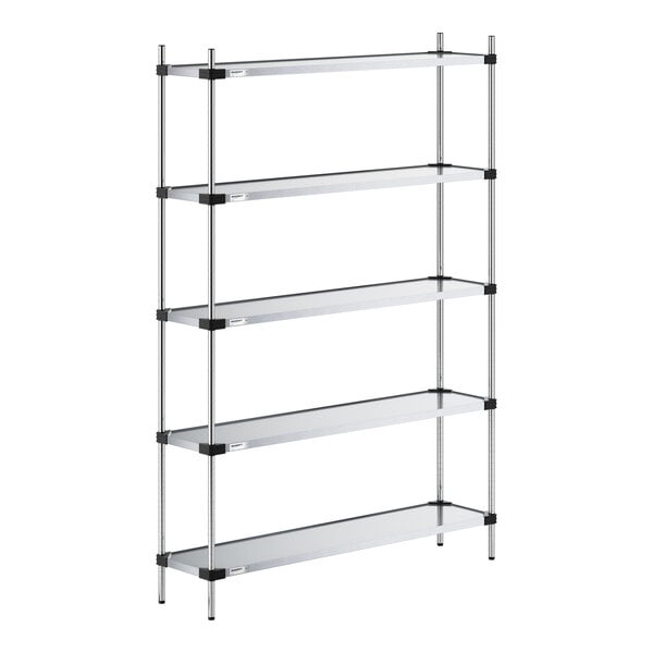 A five-tier metal shelving unit with solid shelves and four vertical support posts.
