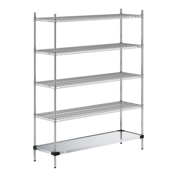 A five-tier metal shelving unit with four wire shelves and one solid bottom shelf, supported by four vertical posts.