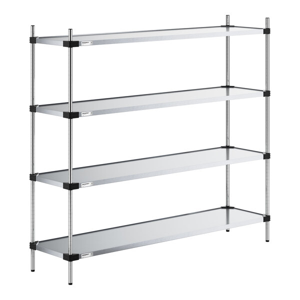 A four-tier metal shelving unit with solid shelves and vertical posts, shown against a white background.