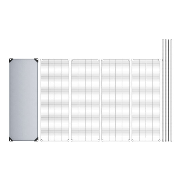 A white rectangular wire shelf with metal grids.