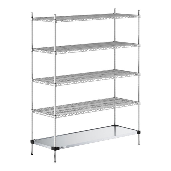 A five-tier metal shelving unit with four wire shelves and one solid bottom shelf, supported by four vertical posts.