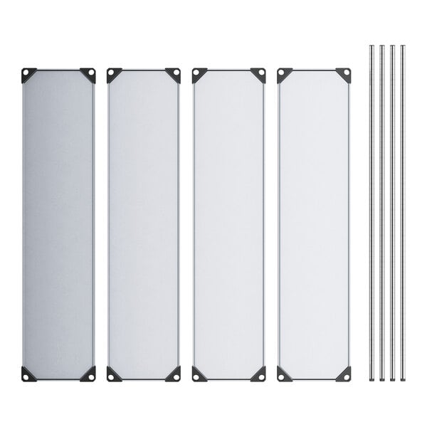 A group of rectangular galvanized steel shelves with metal corners.