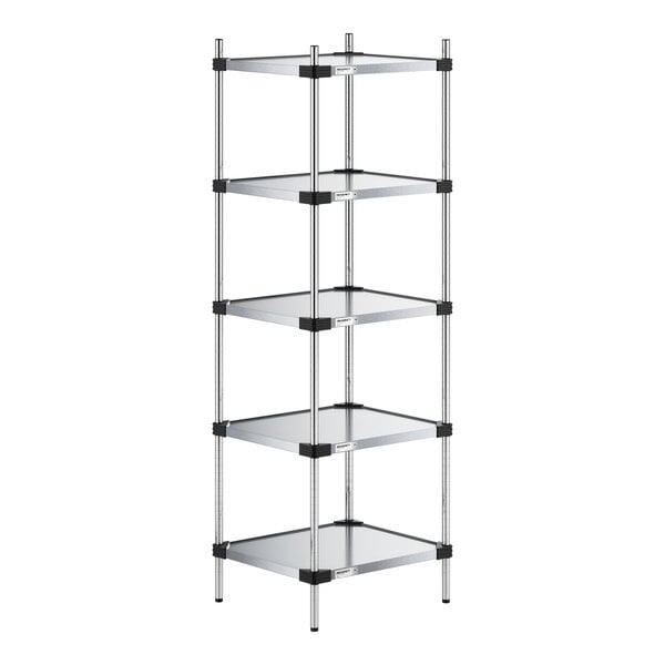 A five-tier metal shelving unit with solid shelves and four vertical posts.