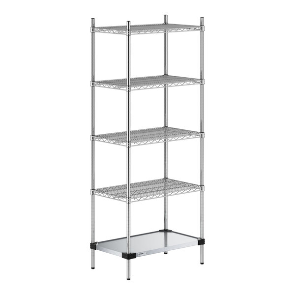 Regency 18" x 30" NSF Chrome Wire 5-Shelf Kit with Solid Galvanized Steel Bottom Shelf and 74" Posts