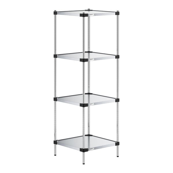 A four-tiered shelving unit with solid, square metal shelves and vertical metal posts at each corner.